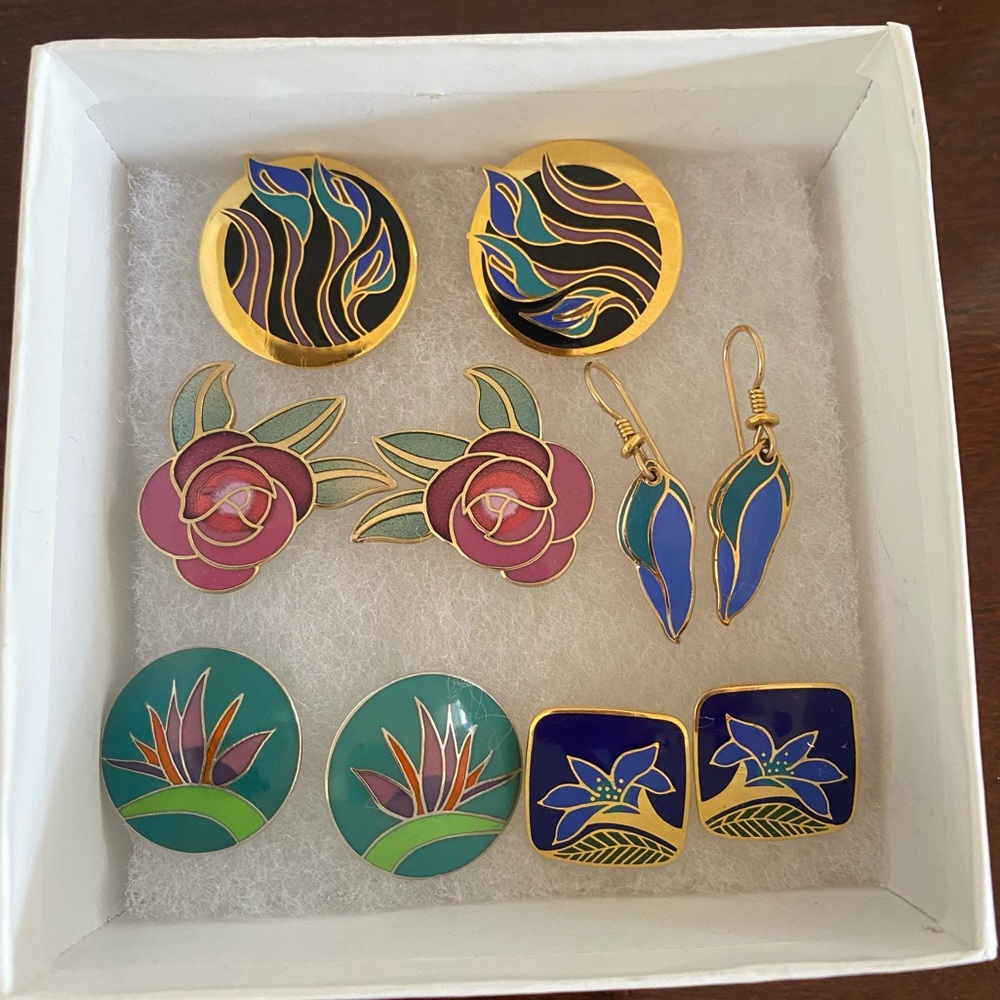 Vintage Lot 5 Laurel Burch Enamel Flower Lily Rose Earrings Pierced Ears